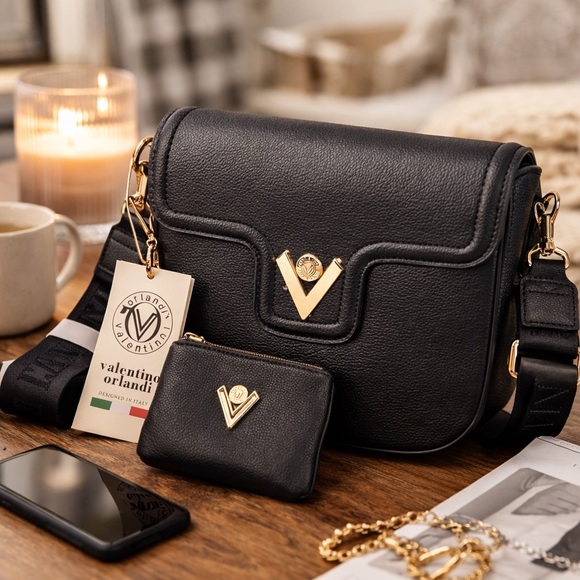 Valentino Orlandi Black Leather Crossbody Bag Gold V Logo + Coin Pouch NWT